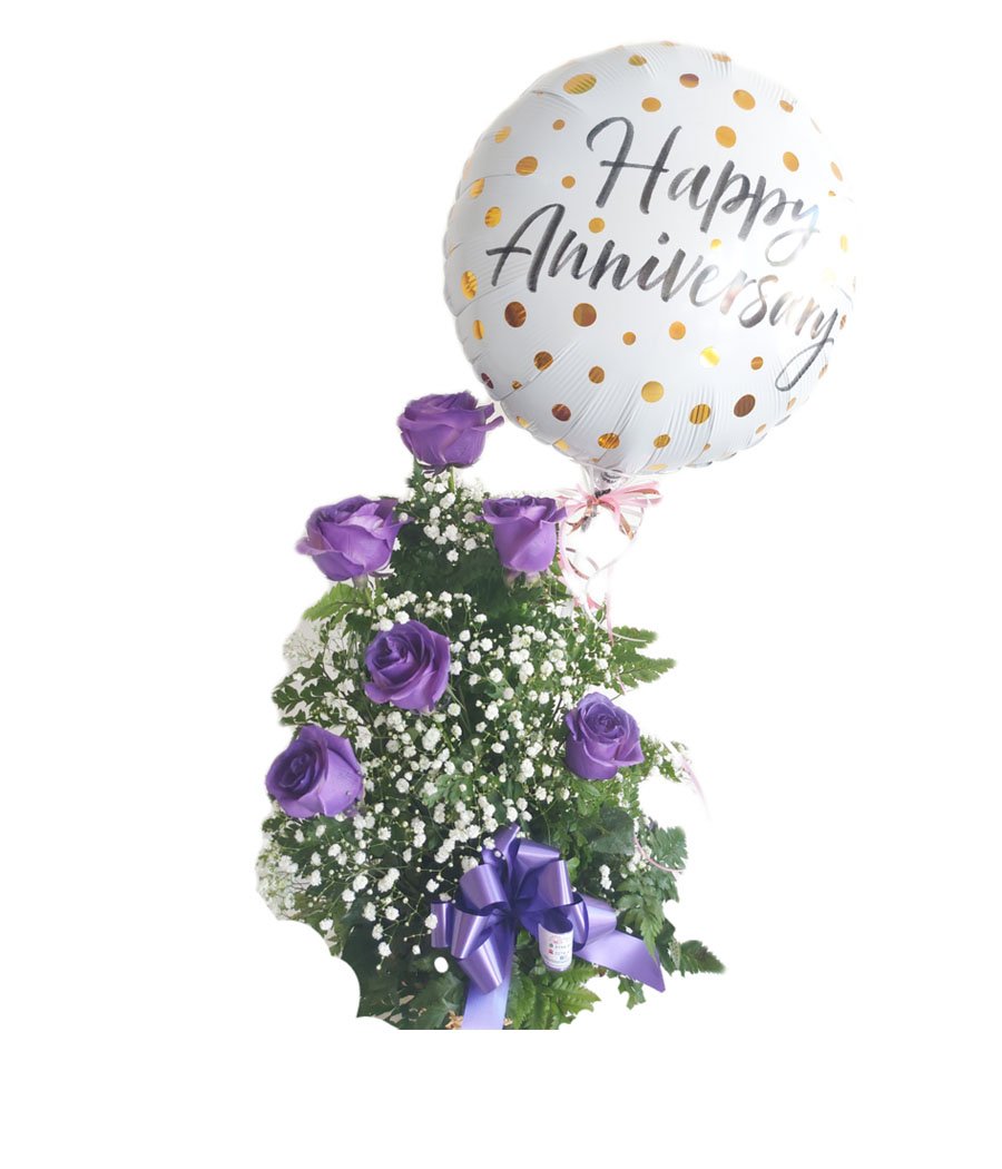 Arreglo de 6 rosas moradas y globo | Floristeria Mil Flores