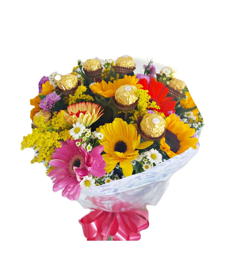 Bouquet de 12 gerberas y girasoles con chocolates | Floristeria Mil Flores