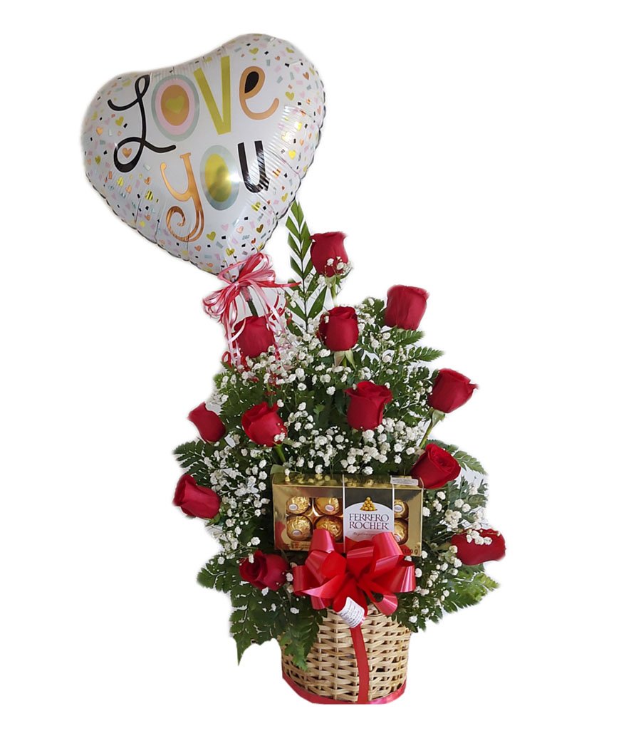 Arreglo de 12 rosas rojas con globo y chocolates | Floristeria Mil Flores