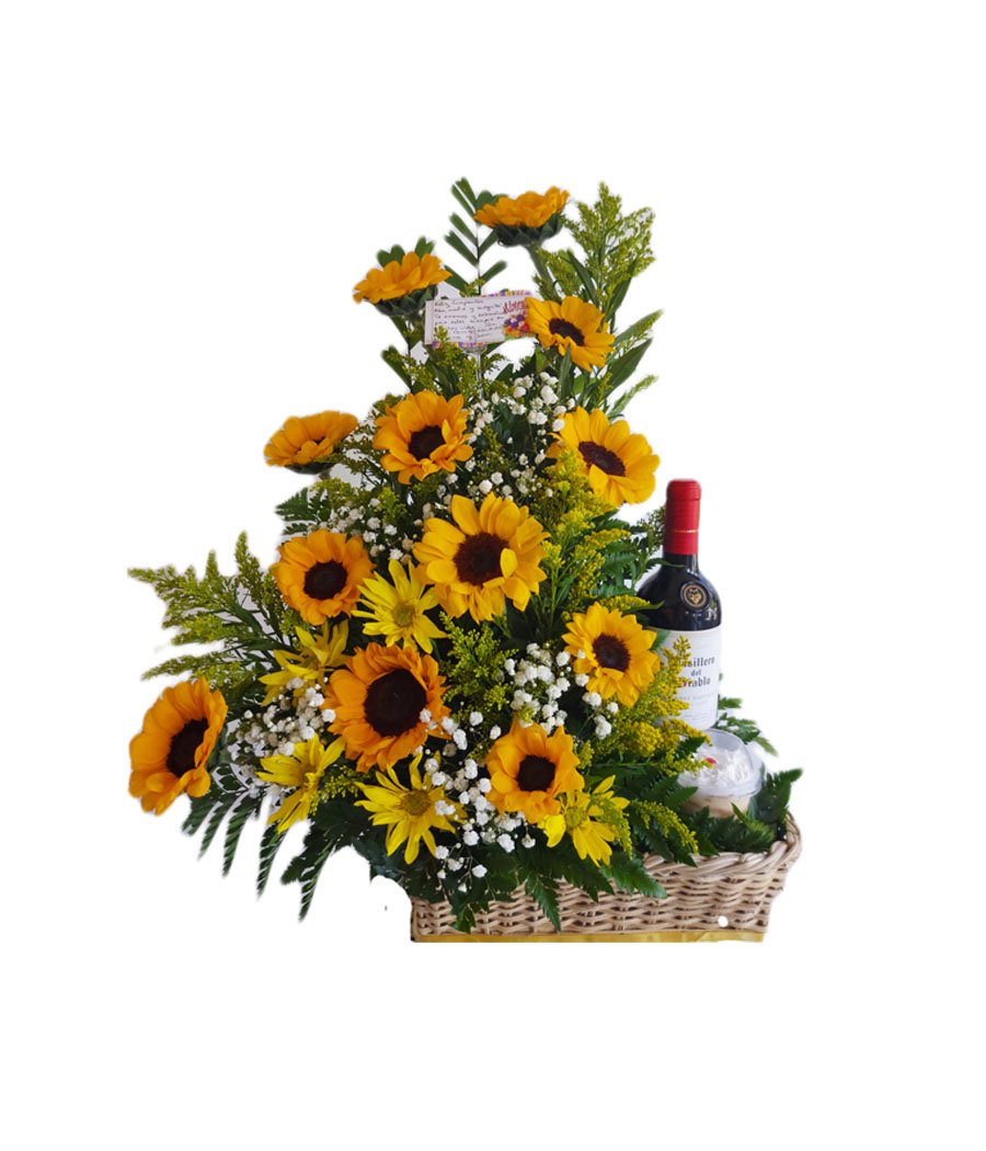 Arreglo de 12 girasoles con vino | Floristeria Mil Flores